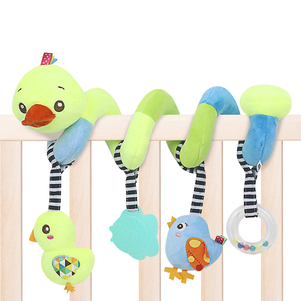 Interactive Baby Car Seat Toy, Duck-Themed Sensory Toy with Teether & Hanging Plush Toys | Stroller & Crib Spiral Toy
