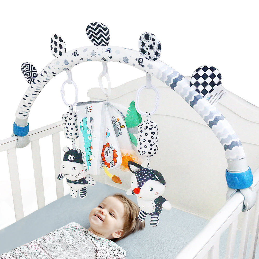 Black and White Baby Activity Arch Toy – Stroller & Crib Toy Bar with Hanging Animals, Rattles & Soft Book – Sensory Travel Toy for Infants(Forest)