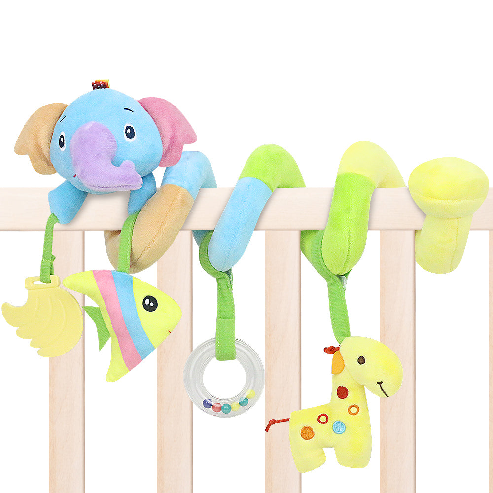Caterbee Baby Car Seat Toy with 4 Hanging Plush Toys with Squeakers | Sensory & Teething Toy for Strollers, Cribs & Bassinets