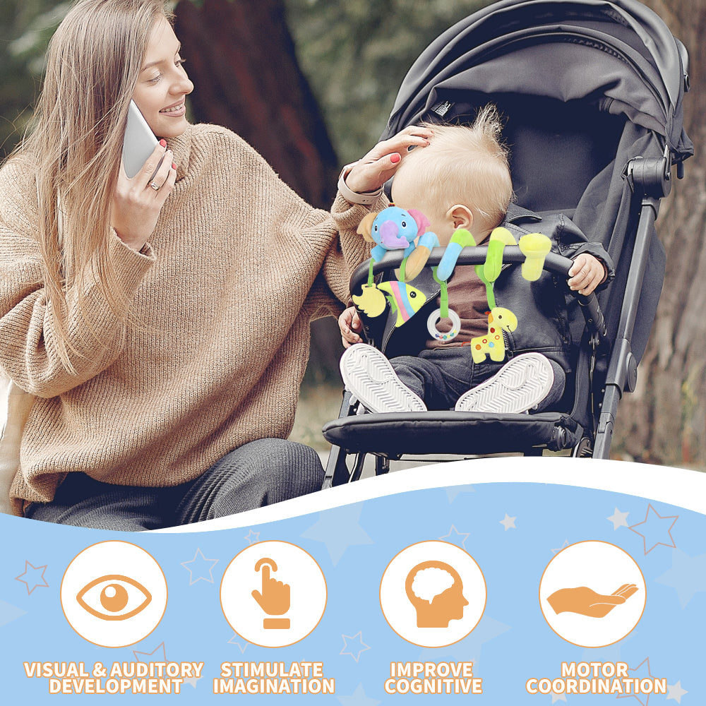 Caterbee Baby Car Seat Toy with 4 Hanging Plush Toys with Squeakers | Sensory & Teething Toy for Strollers, Cribs & Bassinets