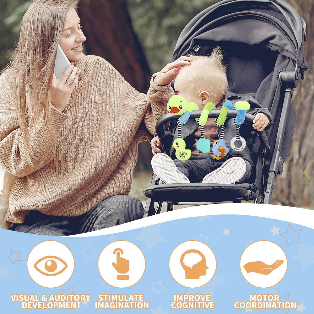 Interactive Baby Car Seat Toy, Duck-Themed Sensory Toy with Teether & Hanging Plush Toys | Stroller & Crib Spiral Toy