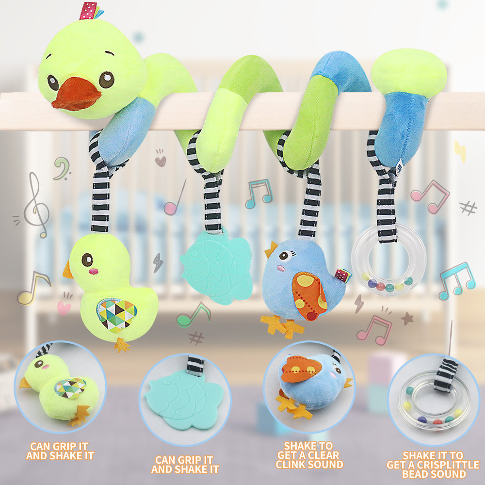 Interactive Baby Car Seat Toy, Duck-Themed Sensory Toy with Teether & Hanging Plush Toys | Stroller & Crib Spiral Toy