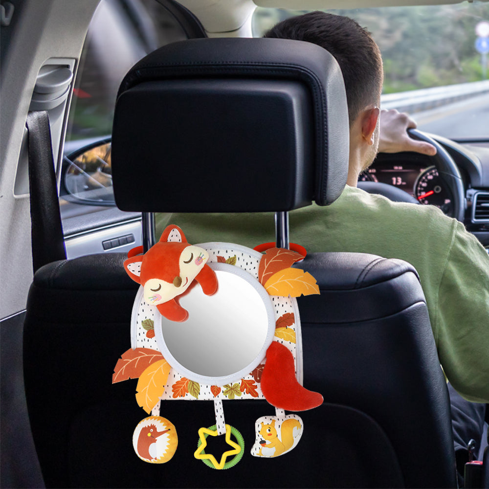 Caterbee Black & White Baby Toy with In-Sight Car Mirror – Sensory Hanging Toy for Travel & Tummy Time(fox)