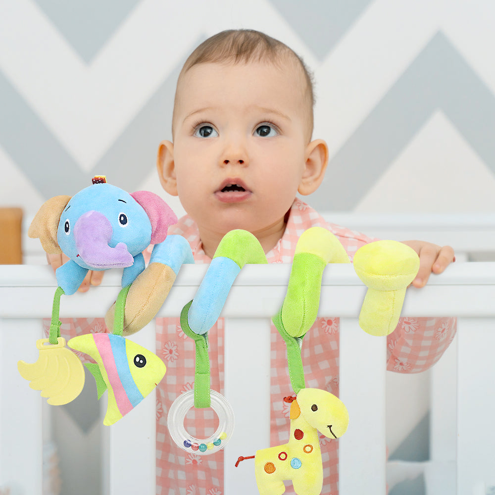 Caterbee Baby Car Seat Toy with 4 Hanging Plush Toys with Squeakers | Sensory & Teething Toy for Strollers, Cribs & Bassinets