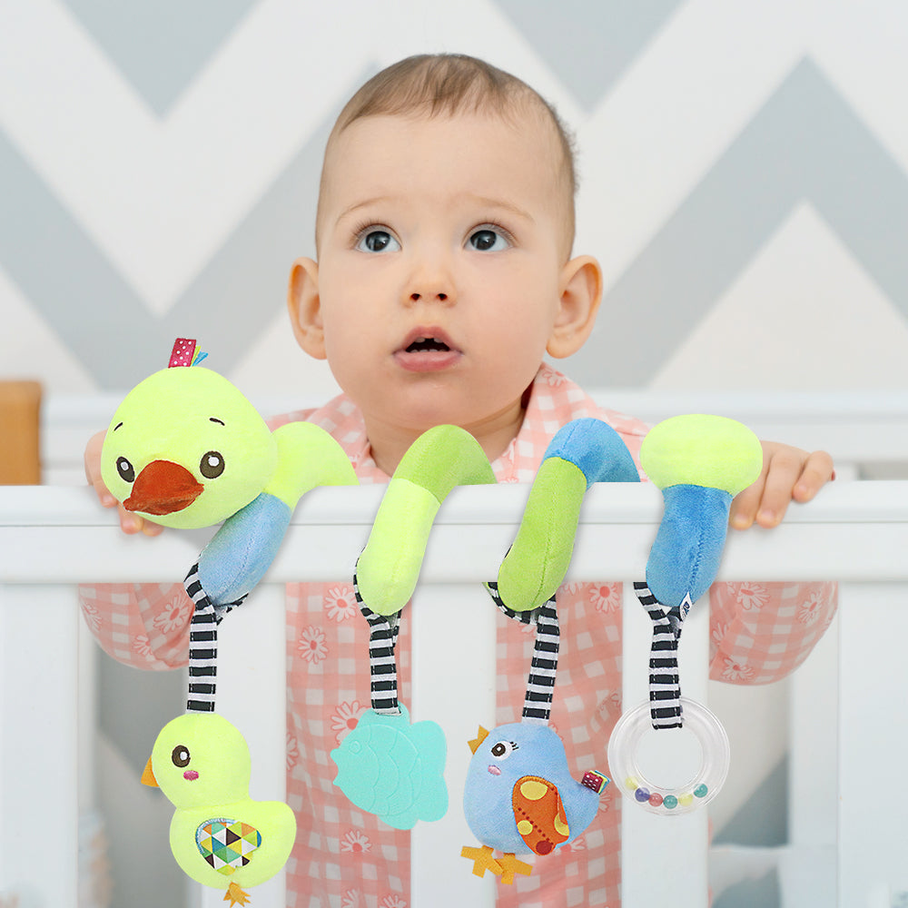 Interactive Baby Car Seat Toy, Duck-Themed Sensory Toy with Teether & Hanging Plush Toys | Stroller & Crib Spiral Toy