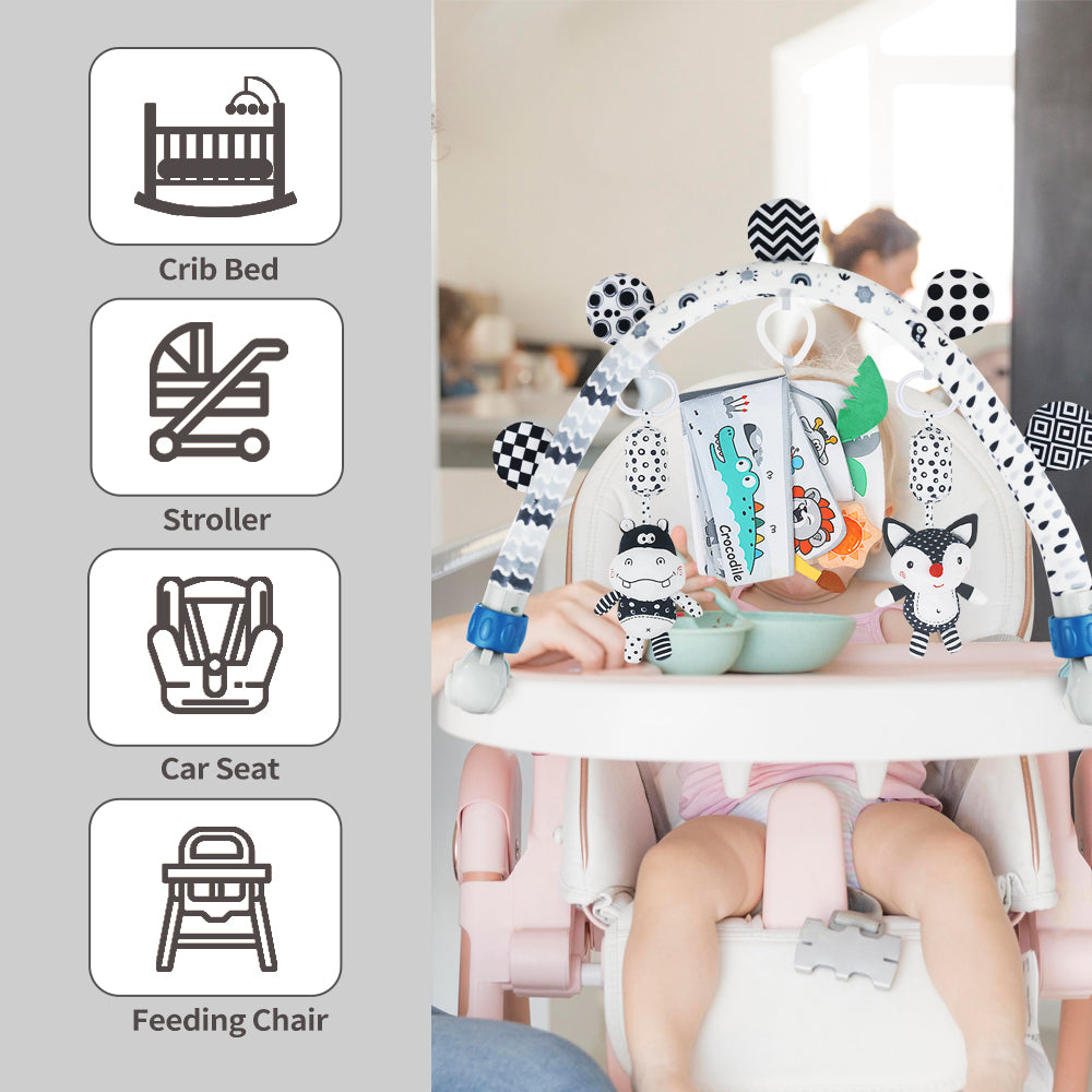 Black and White Baby Activity Arch Toy – Stroller & Crib Toy Bar with Hanging Animals, Rattles & Soft Book – Sensory Travel Toy for Infants(Forest)