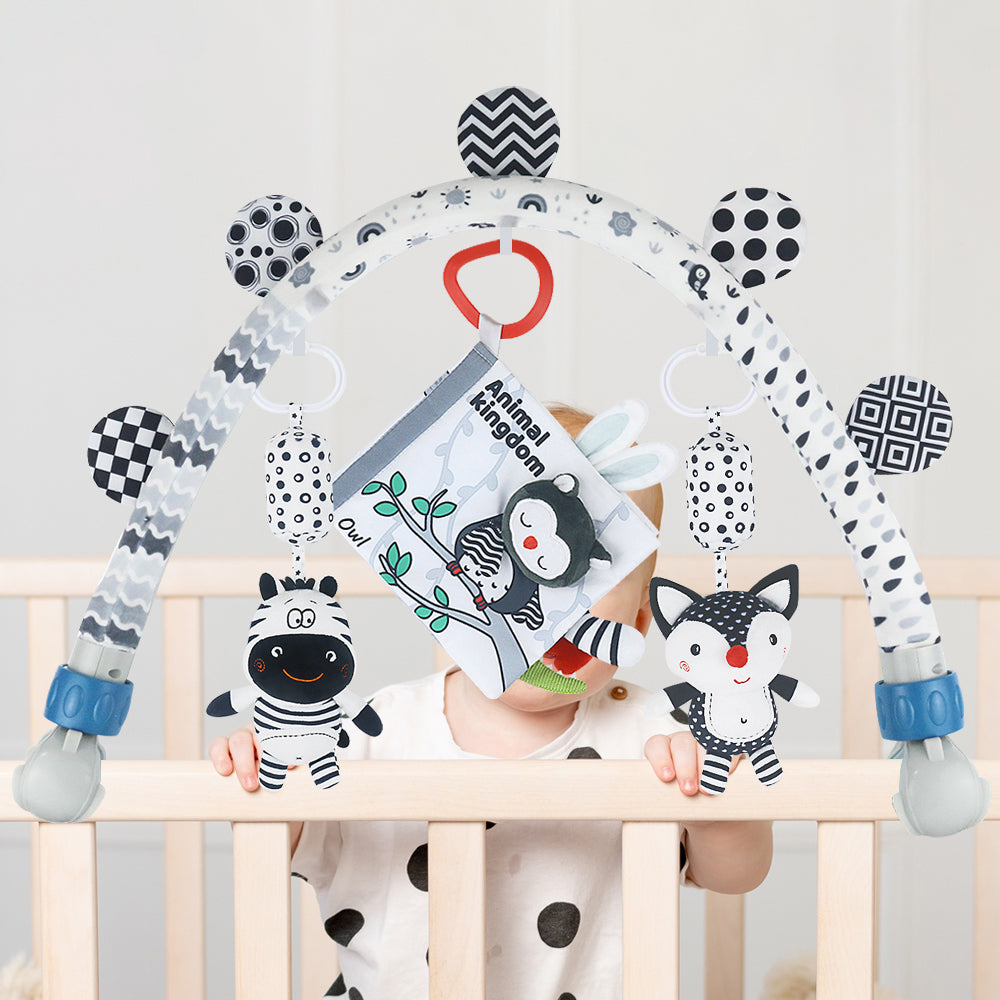 Black & White Baby Activity Arch Toy – Travel Mobile Toy Bar with Hanging Animals for Strollers, Cribs & More