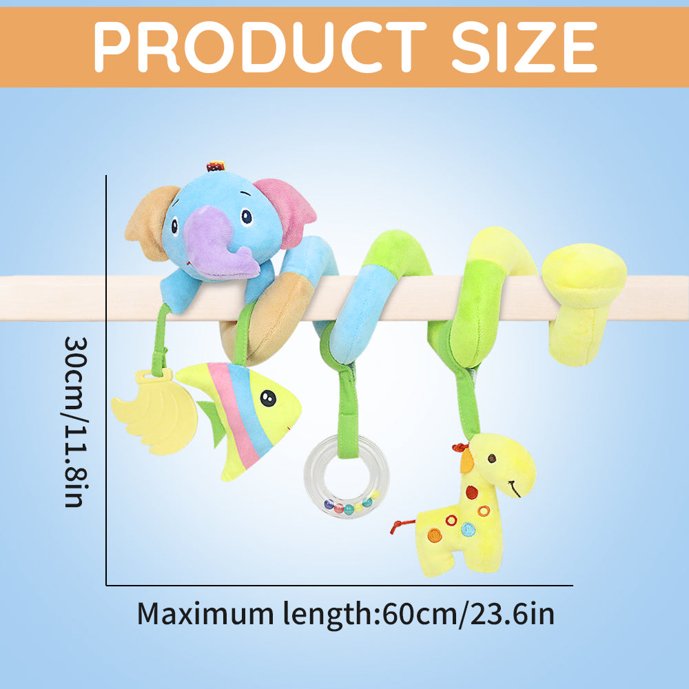Caterbee Baby Car Seat Toy with 4 Hanging Plush Toys with Squeakers | Sensory & Teething Toy for Strollers, Cribs & Bassinets