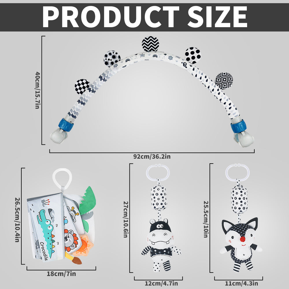 Black and White Baby Activity Arch Toy – Stroller & Crib Toy Bar with Hanging Animals, Rattles & Soft Book – Sensory Travel Toy for Infants(Forest)