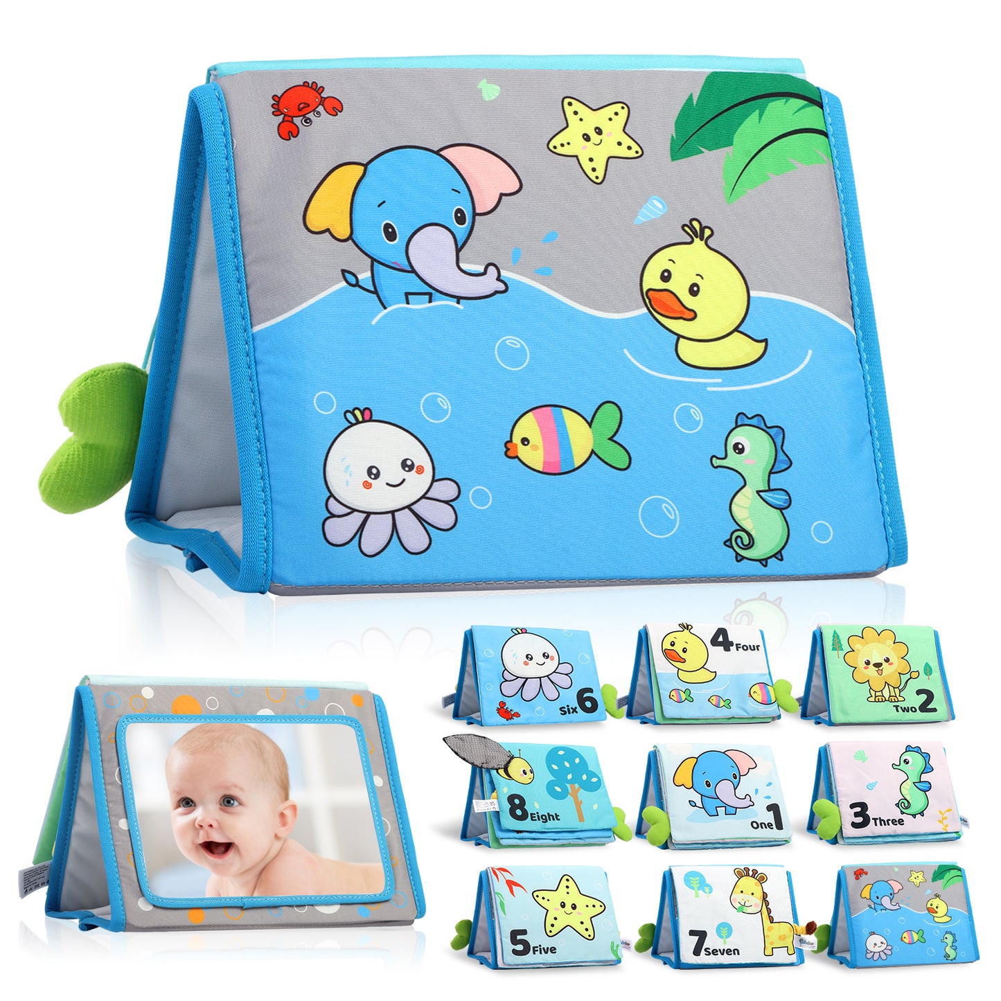 Caterbee Baby Mirror Soft Crinkle Activity Book – Tummy Time Sensory Toy with Bright Colors & Textures