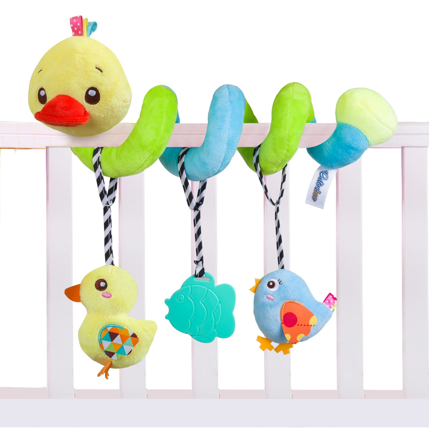 Interactive Baby Car Seat Toy, Duck-Themed Sensory Toy with Teether & Hanging Plush Toys | Stroller & Crib Spiral Toy