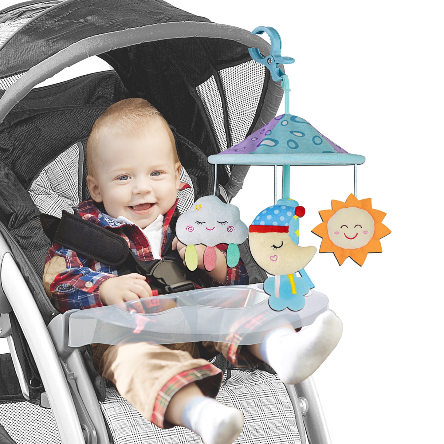 Caterbee Baby Pram Mobile Toy – Hanging Car Roof Handle Toy with Rattles & Teether
