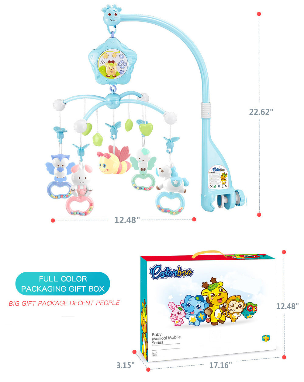 Caterbee Baby Mobile toys for Crib with Music, Lights & Remote Control Blue-Bee