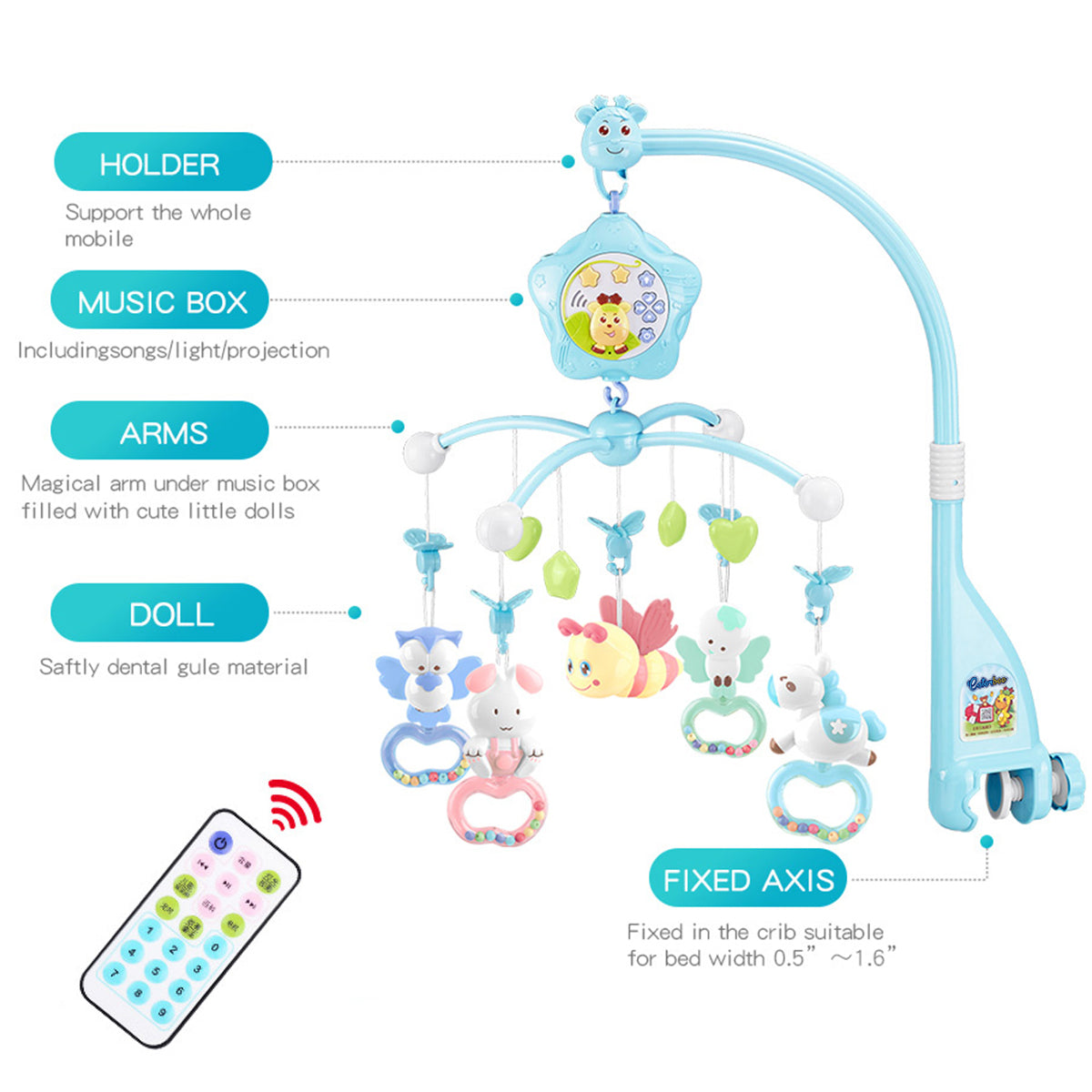 Caterbee Baby Mobile toys for Crib with Music, Lights & Remote Control Blue-Bee