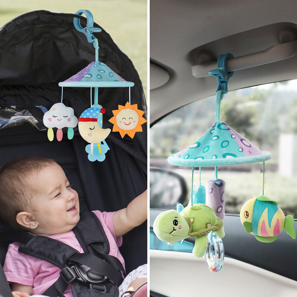 Caterbee Baby Pram Mobile Toy – Hanging Car Roof Handle Toy with Rattles & Teether