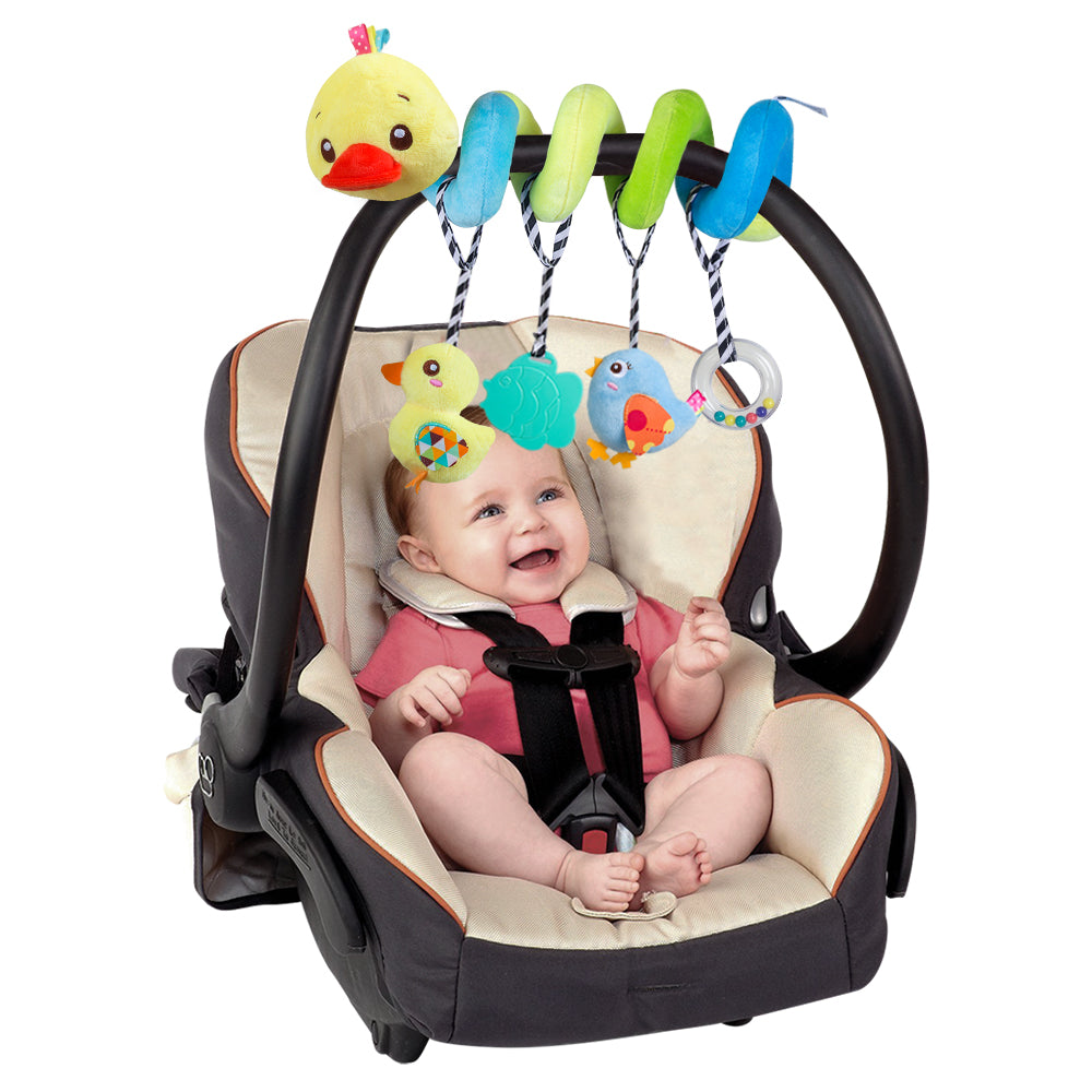 Interactive Baby Car Seat Toy, Duck-Themed Sensory Toy with Teether & Hanging Plush Toys | Stroller & Crib Spiral Toy