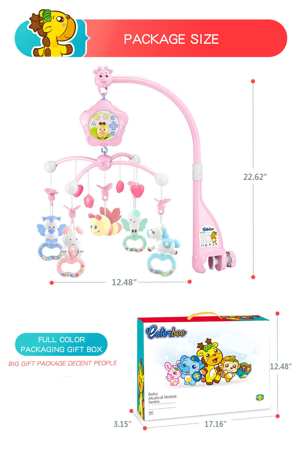 Baby Mobiles Crib Toys with Music, Projection and Lights (Bee-pink)