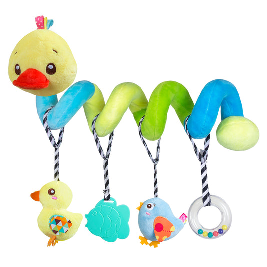 Interactive Baby Car Seat Toy, Duck-Themed Sensory Toy with Teether & Hanging Plush Toys | Stroller & Crib Spiral Toy