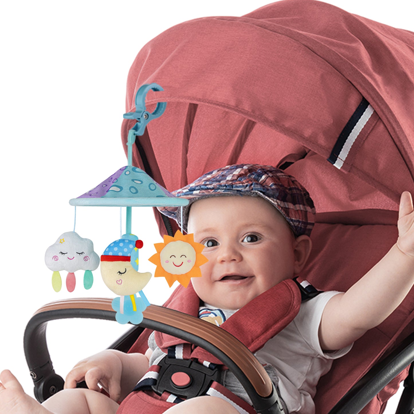 Caterbee Baby Pram Mobile Toy – Hanging Car Roof Handle Toy with Rattles & Teether