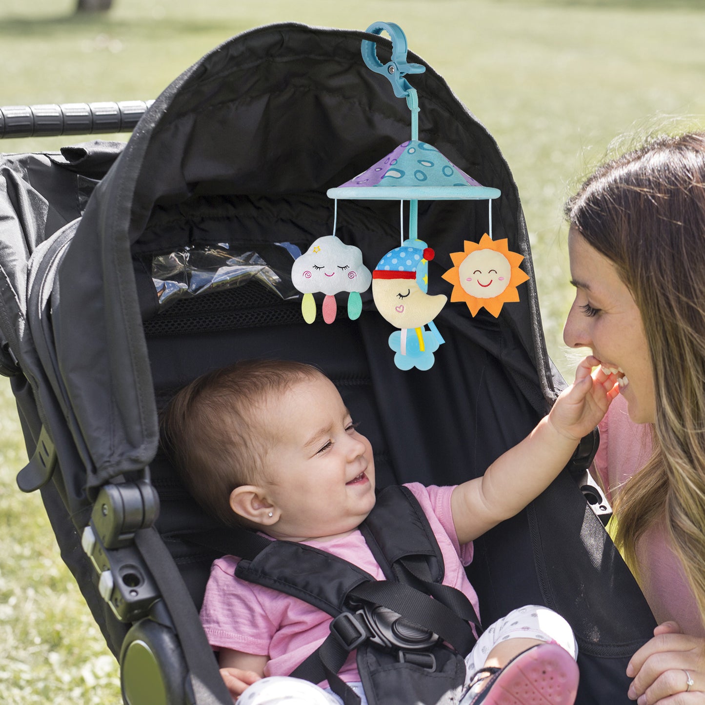 Caterbee Baby Pram Mobile Toy – Hanging Car Roof Handle Toy with Rattles & Teether