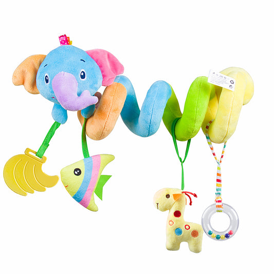 Caterbee Baby Car Seat Toy with 4 Hanging Plush Toys with Squeakers | Sensory & Teething Toy for Strollers, Cribs & Bassinets