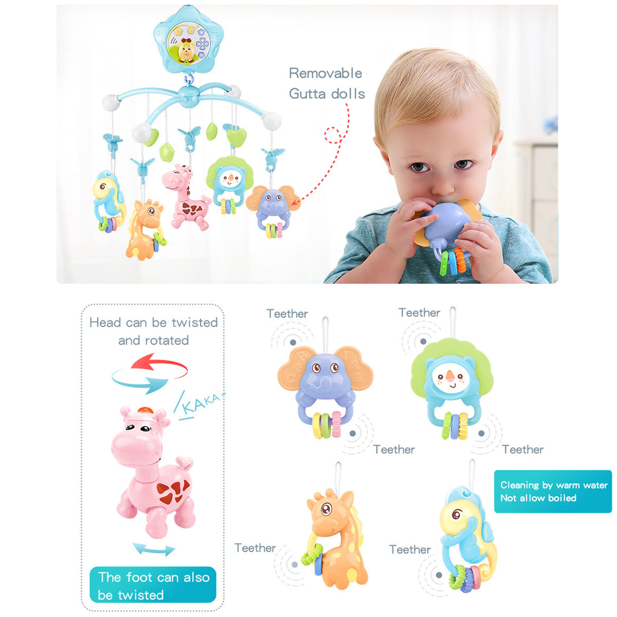 Baby Mobiles Crib Toys with Music, Projection and Lights (Bee-pink)