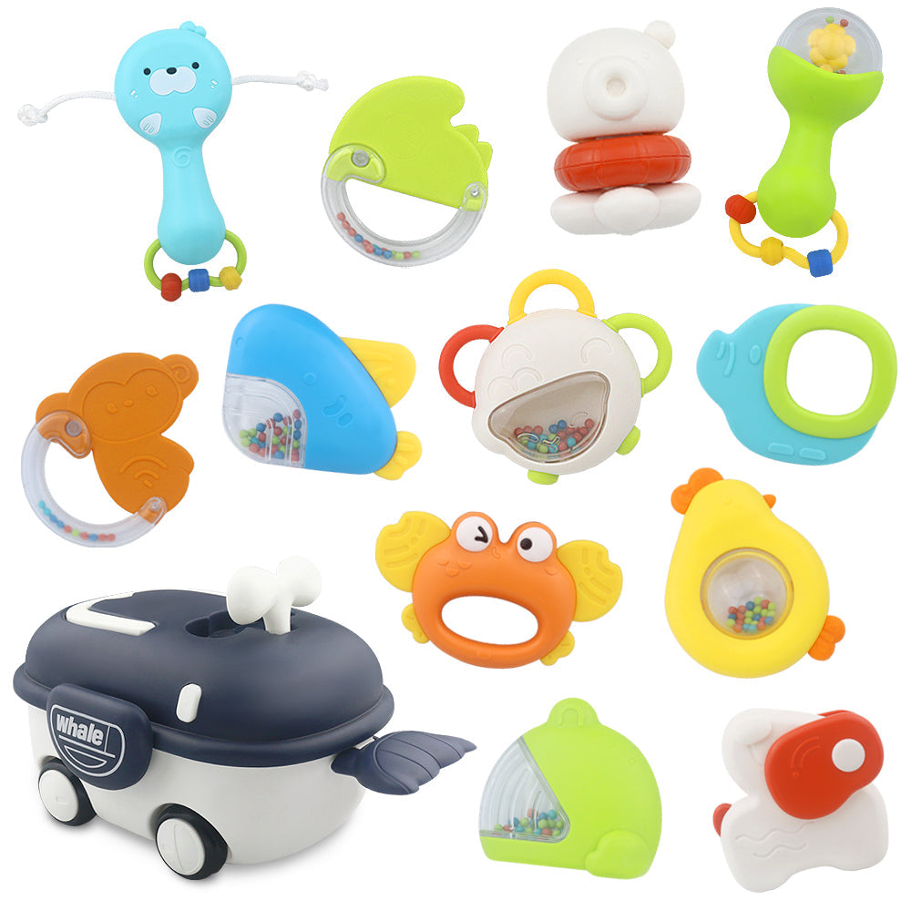 Baby Rattle Toy Set 12 Pcs - colorful animal-shaped toys in whale storage box