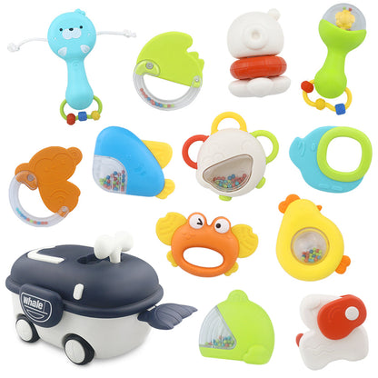 Baby Rattle Toy Set 12 Pcs - colorful animal-shaped toys in whale storage box