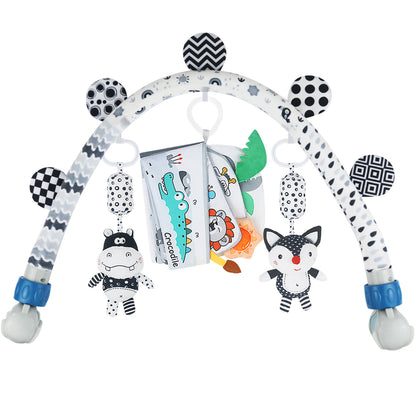 Black and White Baby Activity Arch Toy – Stroller & Crib Toy Bar with Hanging Animals, Rattles & Soft Book – Sensory Travel Toy for Infants(Forest)