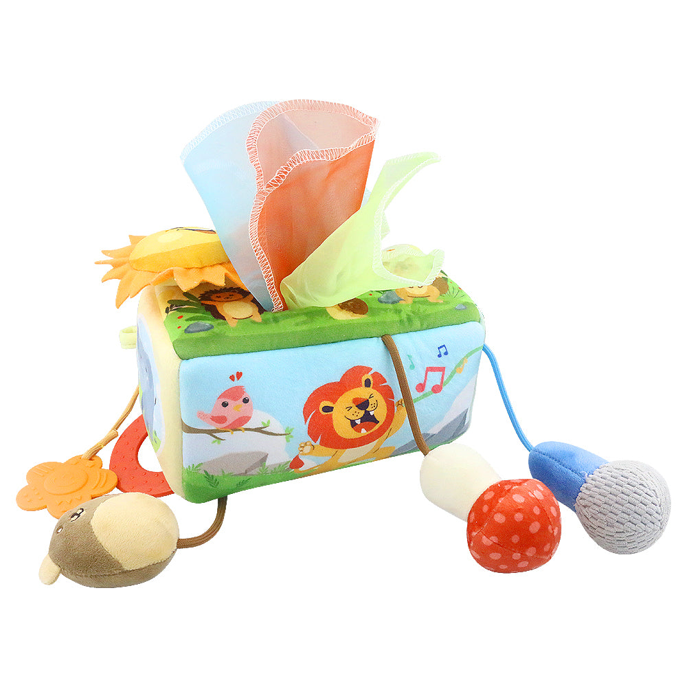 Caterbee® Baby Sensory Tissue Box Toy – Pull-Out Fabric Play Set with Rattle, Teether & Mirror | Montessori Hanging Toy for Stroller, Car Seat & Crib（副本）