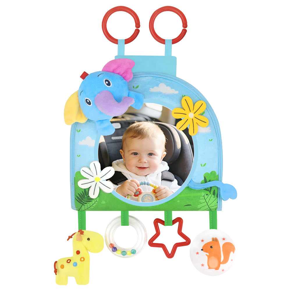 Caterbee Baby Toy with In-Sight Car Mirror – Sensory Hanging Toy for Travel & Tummy Time(Elephant）