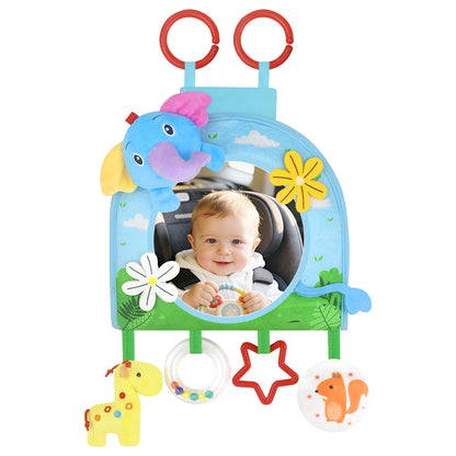 Caterbee Baby Toy with In-Sight Car Mirror – Sensory Hanging Toy for Travel & Tummy Time(Elephant）