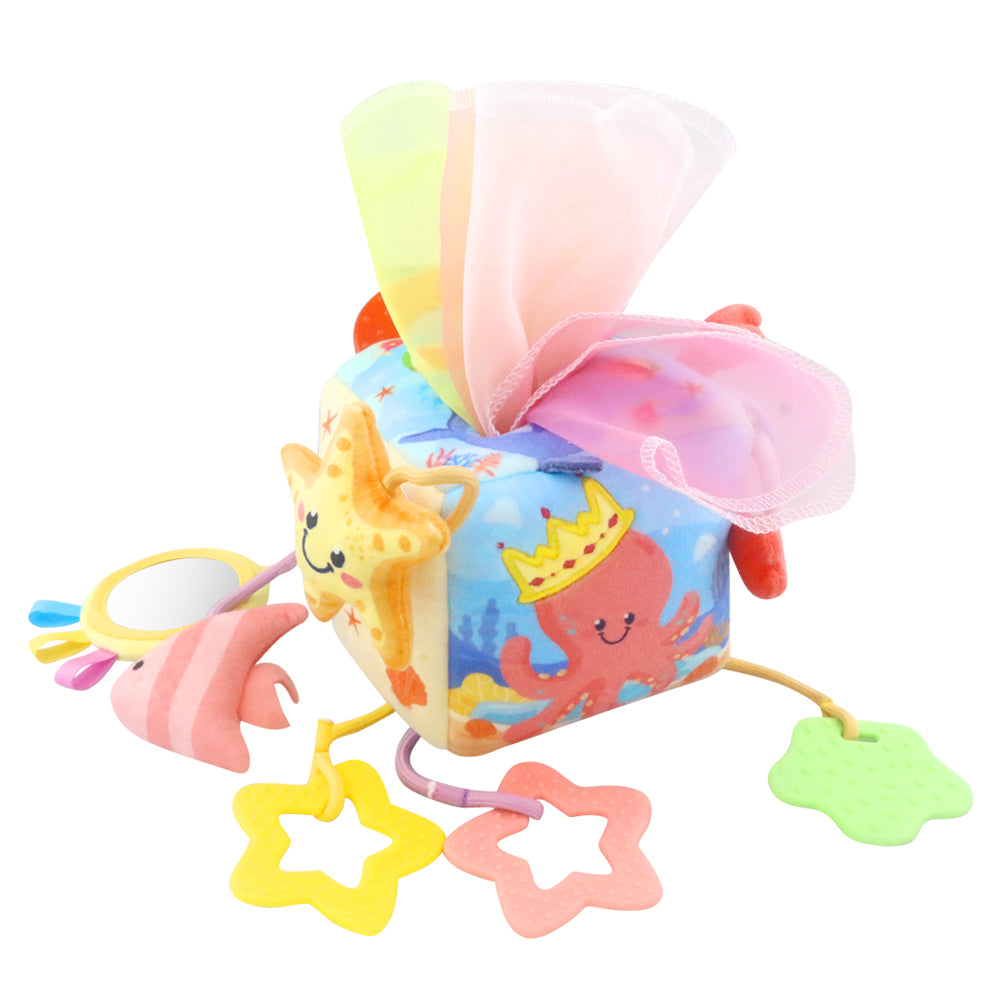 Caterbee® Baby Sensory Tissue Box Toy – Pull-Out Fabric Play Set with Rattle, Teether & Mirror | Montessori Hanging Toy for Stroller, Car Seat & Crib