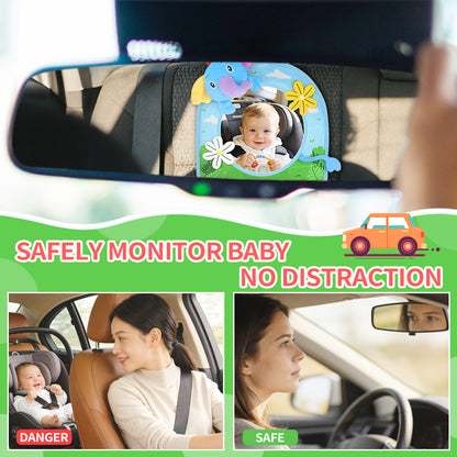 Caterbee Baby Toy with In-Sight Car Mirror – Sensory Hanging Toy for Travel & Tummy Time(Elephant）