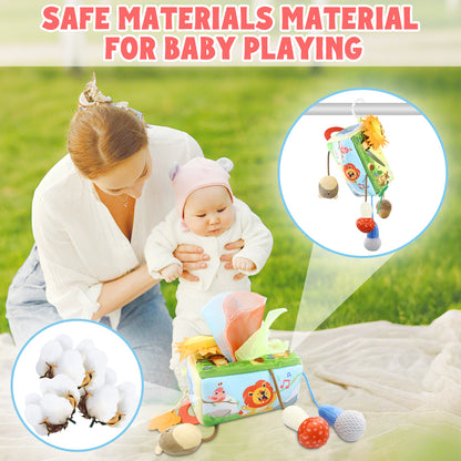 Caterbee® Baby Sensory Tissue Box Toy – Pull-Out Fabric Play Set with Rattle, Teether & Mirror | Montessori Hanging Toy for Stroller, Car Seat & Crib（副本）