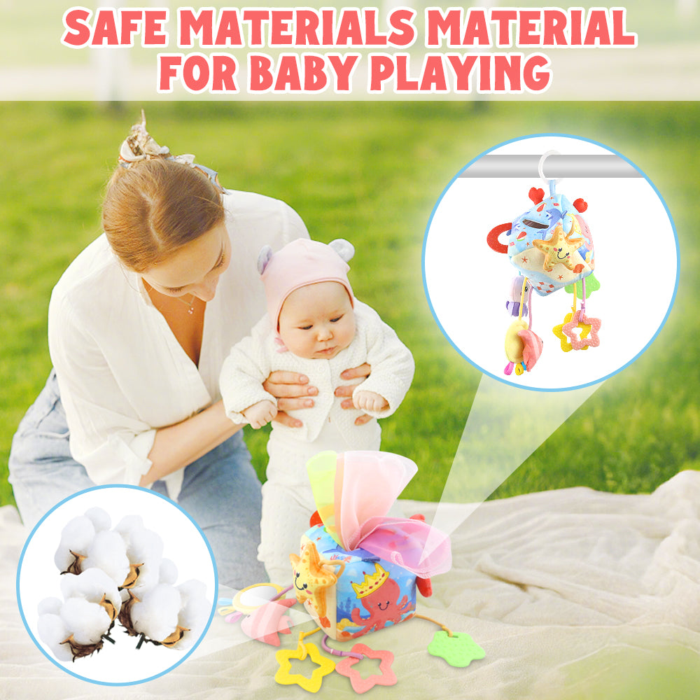 Caterbee® Baby Sensory Tissue Box Toy – Pull-Out Fabric Play Set with Rattle, Teether & Mirror | Montessori Hanging Toy for Stroller, Car Seat & Crib