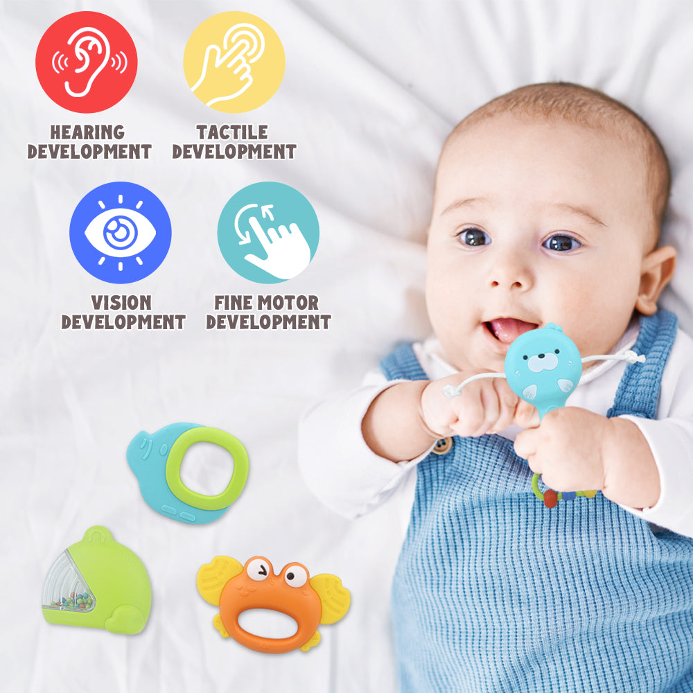 Baby holding rattle toy surrounded by 12-piece animal rattle set