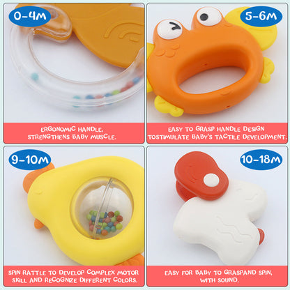 Baby and mother playing with rattle toy set on white bed