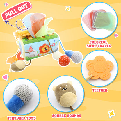 Caterbee® Baby Sensory Tissue Box Toy – Pull-Out Fabric Play Set with Rattle, Teether & Mirror | Montessori Hanging Toy for Stroller, Car Seat & Crib（副本）