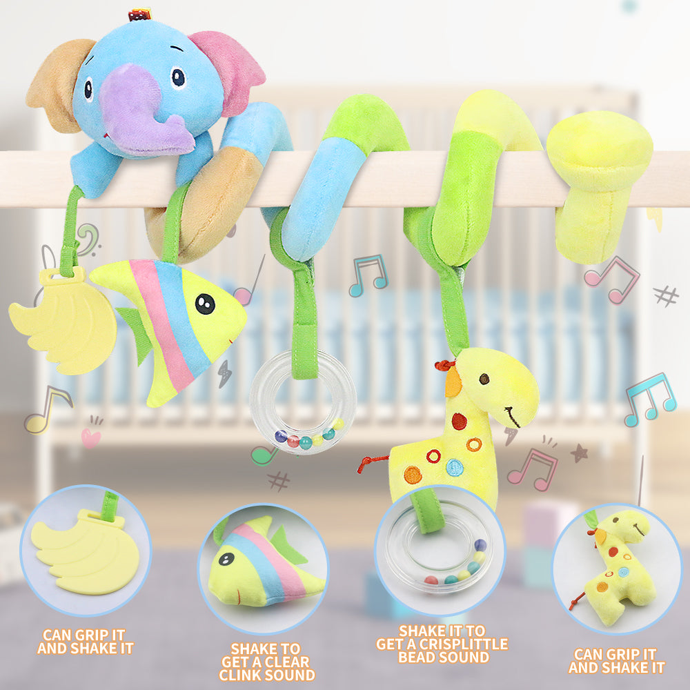 Caterbee Baby Car Seat Toy – 4 Hanging Plush Toys with Squeakers | Sensory & Teething Toy for Strollers, Cribs & Bassinets