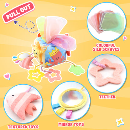 Caterbee® Baby Sensory Tissue Box Toy – Pull-Out Fabric Play Set with Rattle, Teether & Mirror | Montessori Hanging Toy for Stroller, Car Seat & Crib