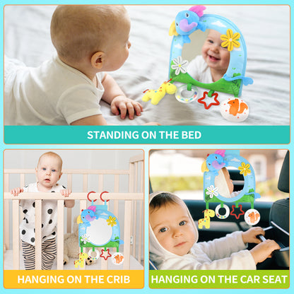 Caterbee Baby Toy with In-Sight Car Mirror – Sensory Hanging Toy for Travel & Tummy Time(Elephant）