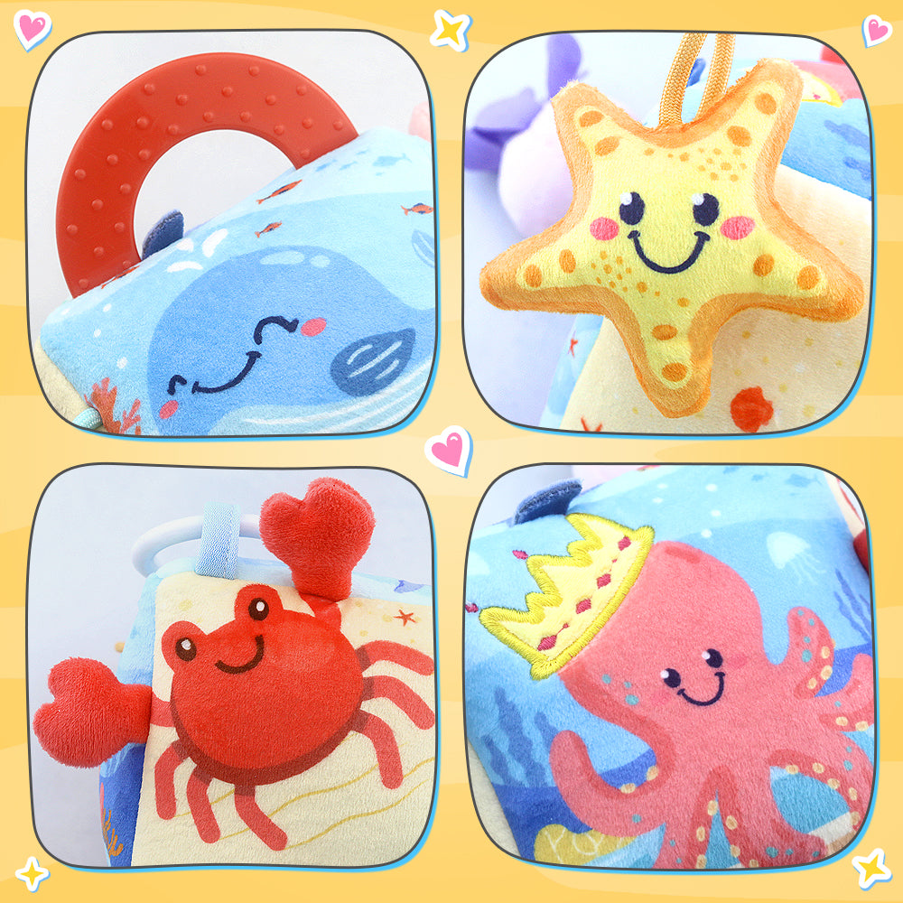 Caterbee® Baby Sensory Tissue Box Toy – Pull-Out Fabric Play Set with Rattle, Teether & Mirror | Montessori Hanging Toy for Stroller, Car Seat & Crib