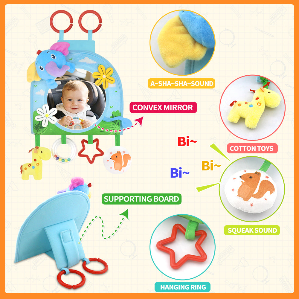 Caterbee Baby Toy with In-Sight Car Mirror – Sensory Hanging Toy for Travel & Tummy Time(Elephant）