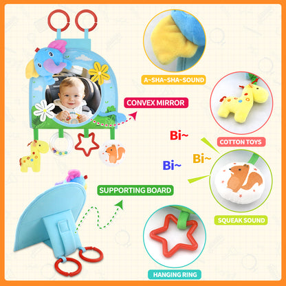 Caterbee Baby Toy with In-Sight Car Mirror – Sensory Hanging Toy for Travel & Tummy Time(Elephant）