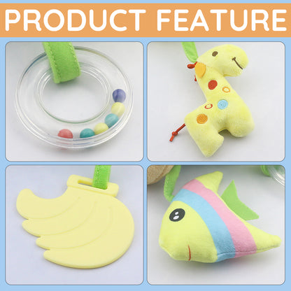 Caterbee Baby Car Seat Toy with 4 Hanging Plush Toys with Squeakers | Sensory & Teething Toy for Strollers, Cribs & Bassinets