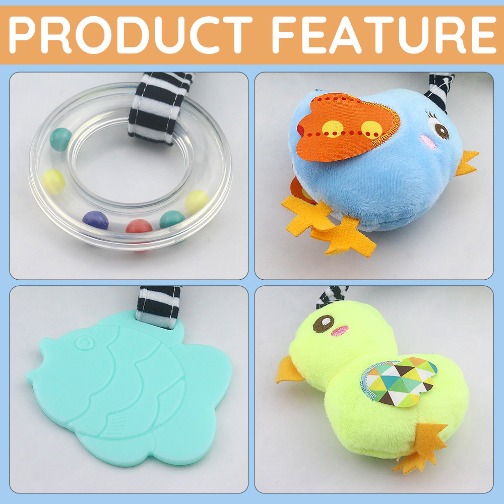 Baby Car Seat Toy, Interactive Sensory Toy with Teether & Hanging Plush Toys