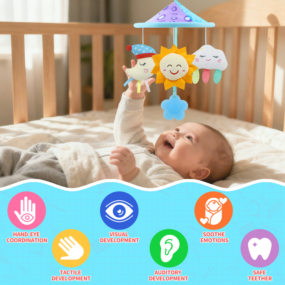 Caterbee Baby Pram Mobile Toy – Hanging Car Roof Handle Toy with Rattles & Teether