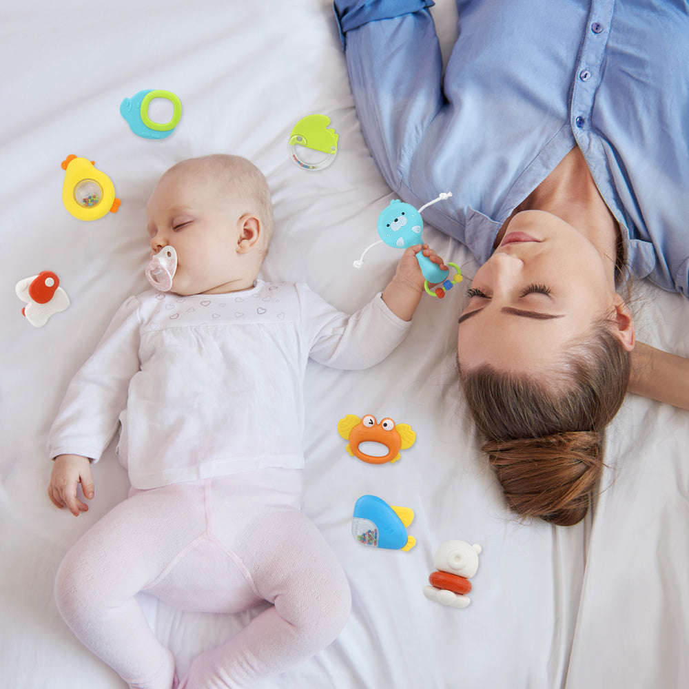 Baby teether rattle toy set - hearing tactile vision fine motor development
