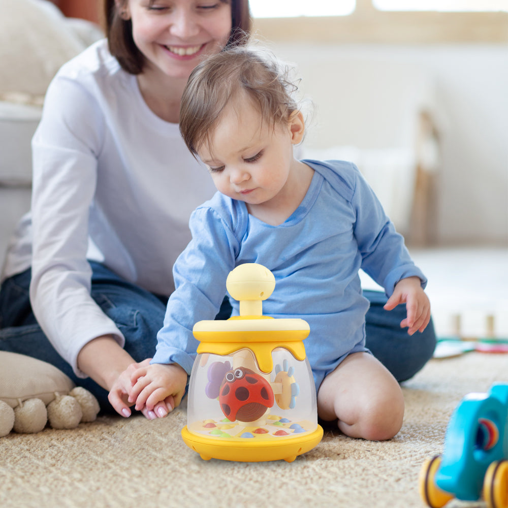 Caterbee Baby Push & Spin Toy - Bee Hive Spinning Dome with Ladybug & Suction Cup Butterflies | Sensory & Developmental Toy